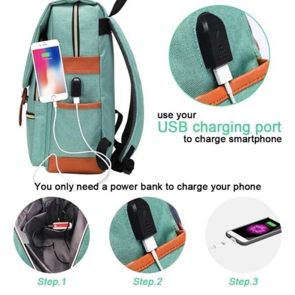 NEW Ronyes Vintage Laptop Backpack w/ USB Charging Port – Mint Green - Picture 5 of 8